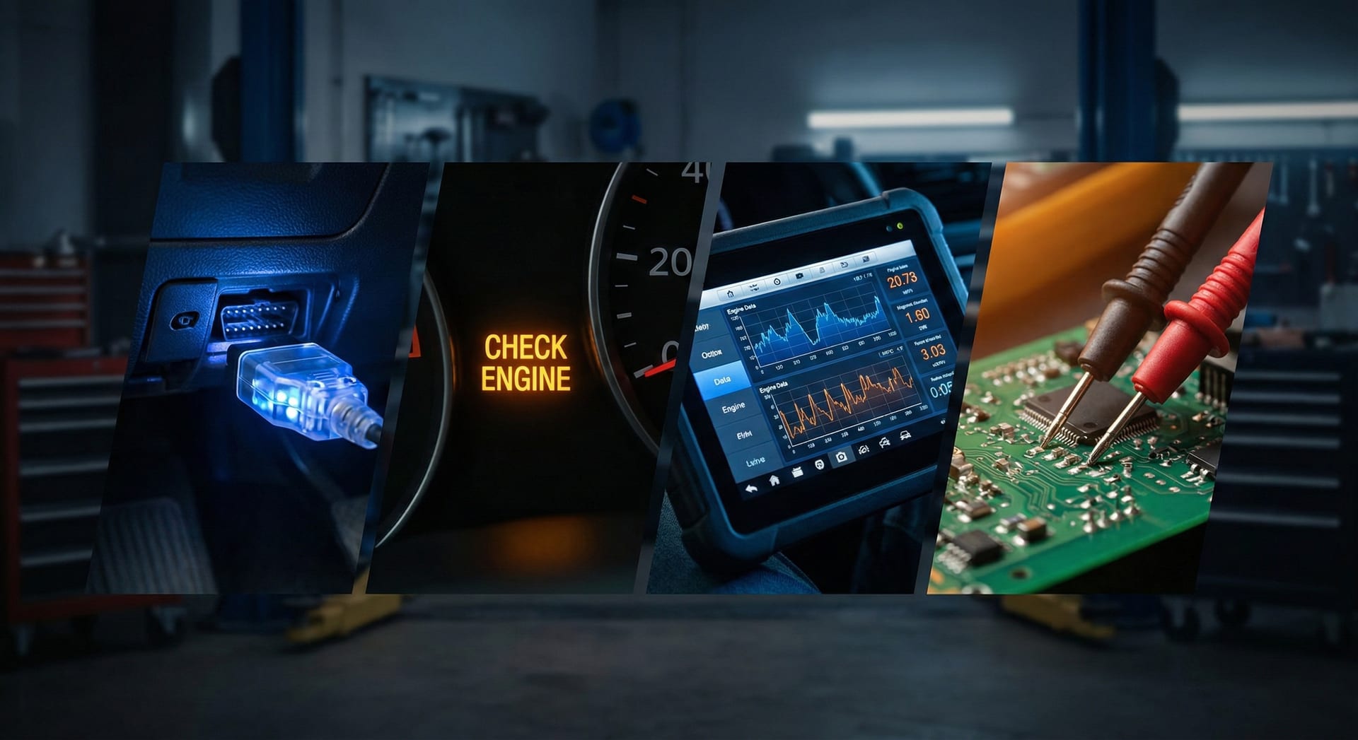 Diagnostic process showing OBD port, check engine light, scanner data, and circuit testing