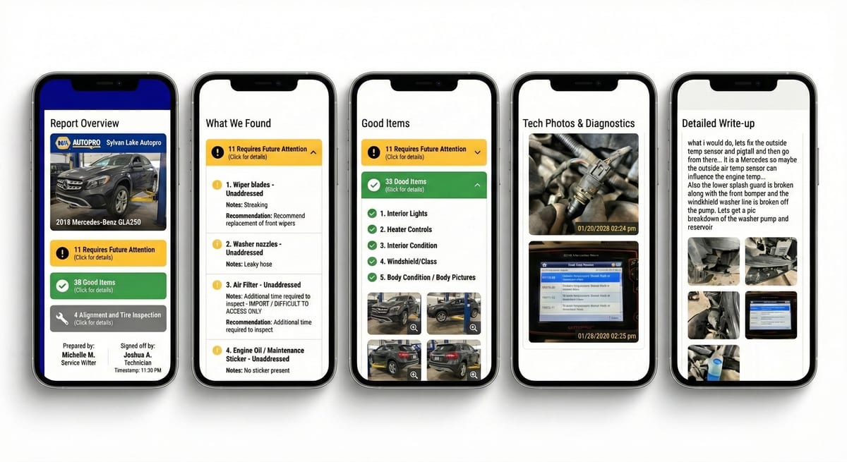Digital vehicle inspection report showing detailed findings on smartphone
